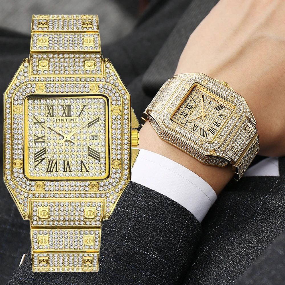 Amazon hot sale Square Watch Men Hip Hop Iced Out Watches Top Brand Luxury Gold Quartz Clock relogio