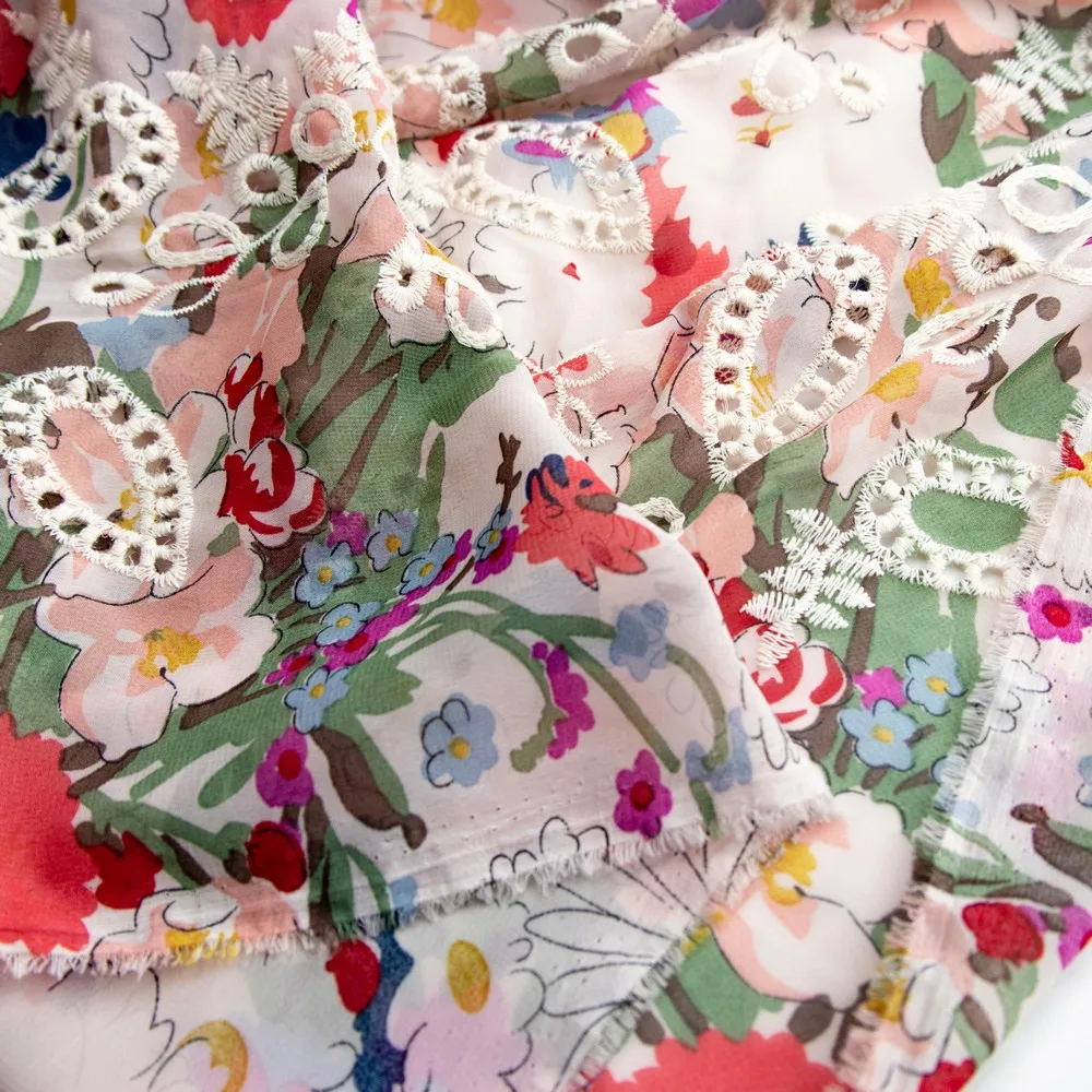 Custom Newest Swiss Voile 100% Cotton Hollow Out Printed Silk Chiffon Embroidered Lace Fabrics With Rayon Regular