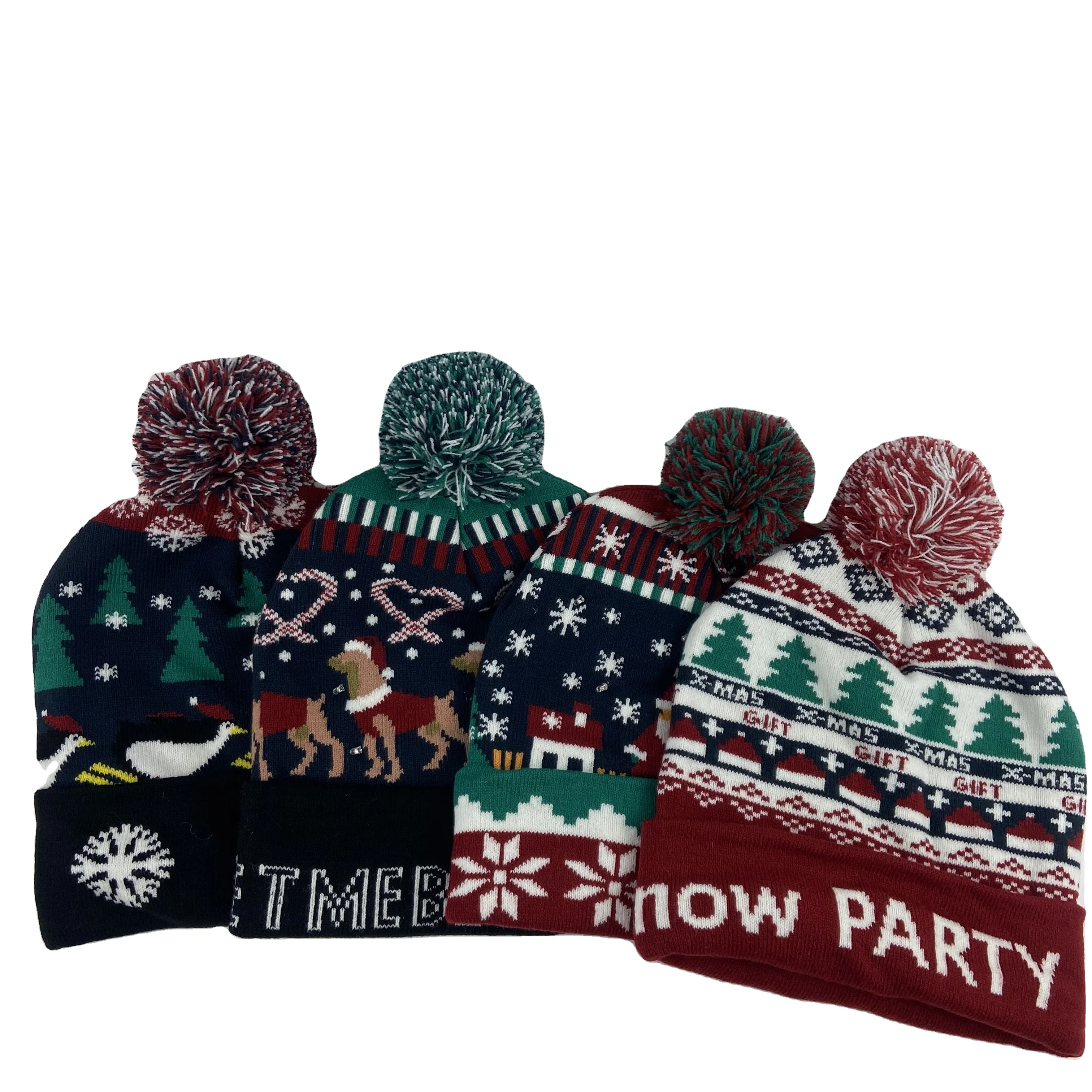 Лидер продаж, легкая Акриловая Рождественская светодиодная Вязаная Шапка-бини с помпоном на заказ, зимняя Рождественская светодиодная подсветка, Вязаная Шапка-бини на заказ