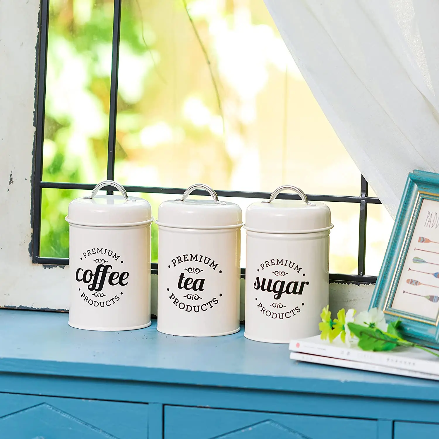 Tea Coffee Sugar Set Piece of 3 Airtight Kitchen Food Canister Rustic Farmhouse Country Decor Metal Storage Containers Jars