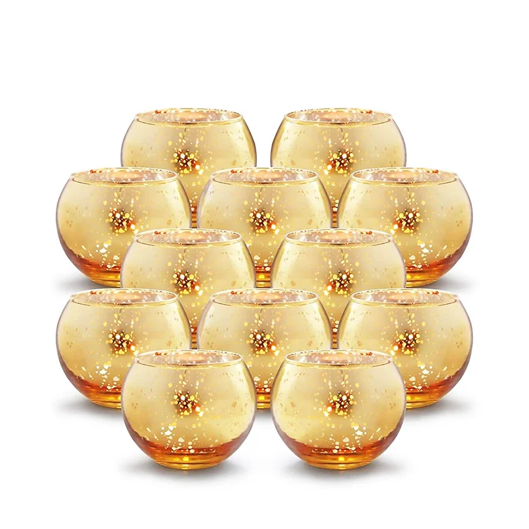 Aeofa Round Gold Votive Candle Holders, Mercury Glass Candle Holder Set of 12 ball shaped candle holder glass
