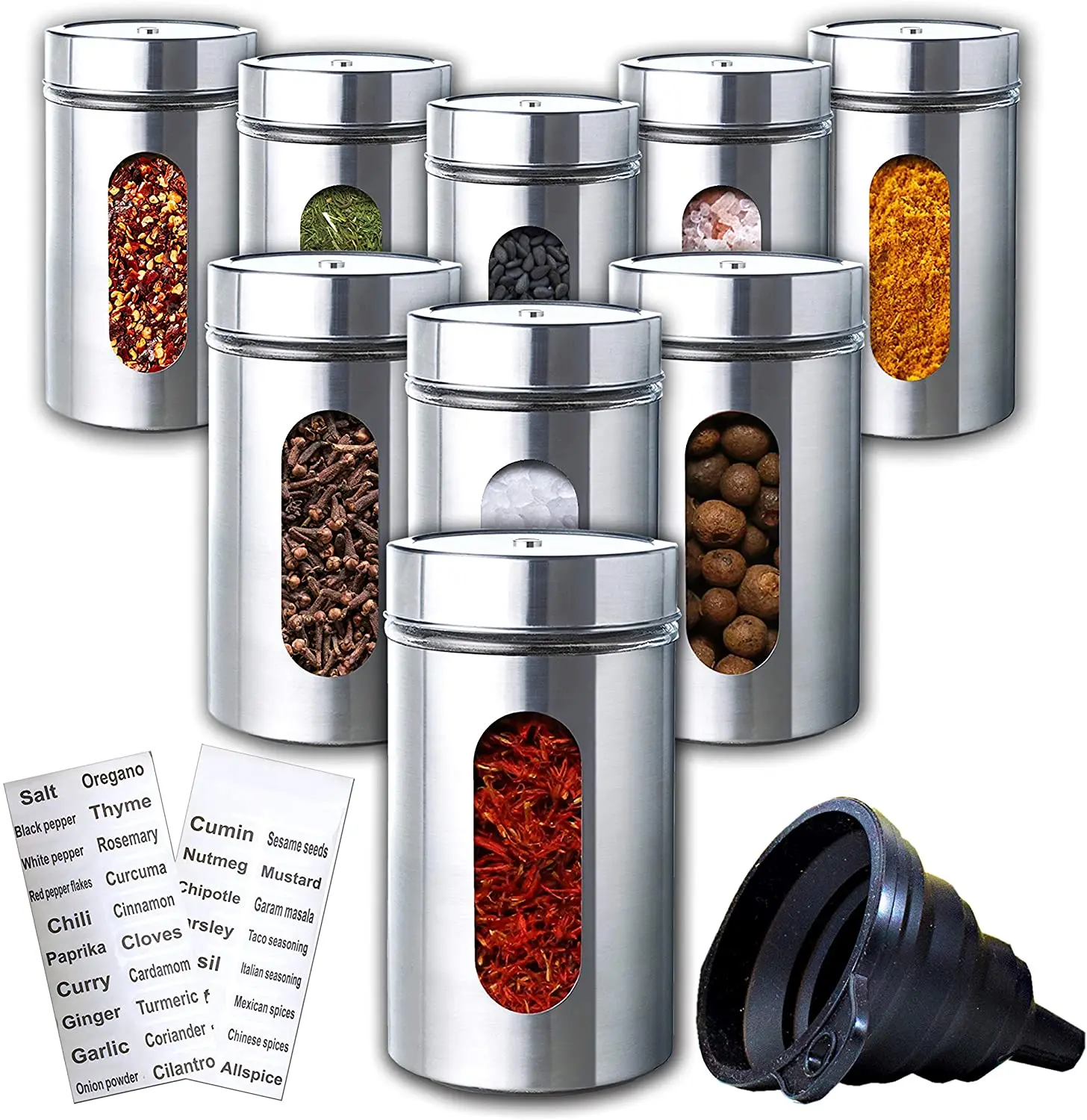 set of 8 Hot Sale Empty Stainless Steel Spice Jar Set Powder Containers Pepper Salt Bottles Set With Lid Glass Jar Spice Rack