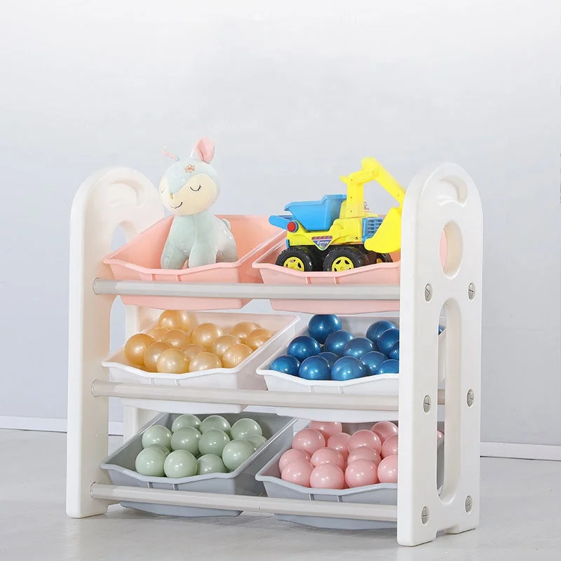 Plastic kindergarten playroom playground indoor child kids toy storage organizer shelf with boxes