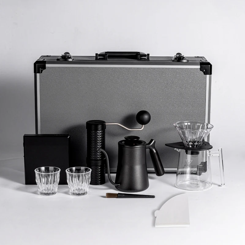 Hot Sale 9 Pieces Premium Travel Case Arabic Coffee Kit with Pour Over Kettle Manual Grinder Hand Drip Coffee Set