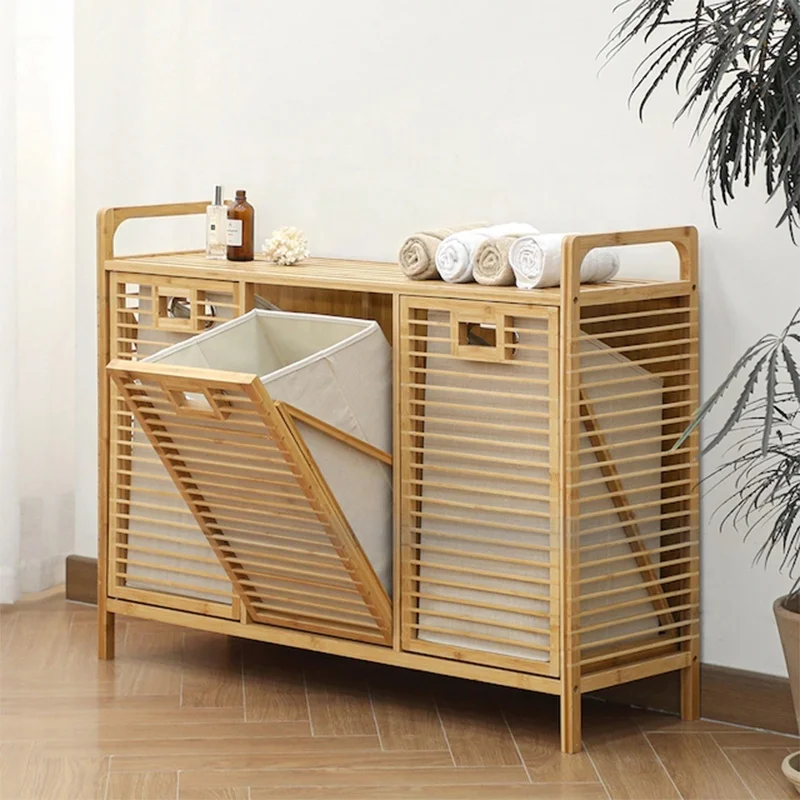 Wholesale factory outlet Bamboo organizer racks bathroom shelf  wooden storage shelves Dirty Clothes Basket