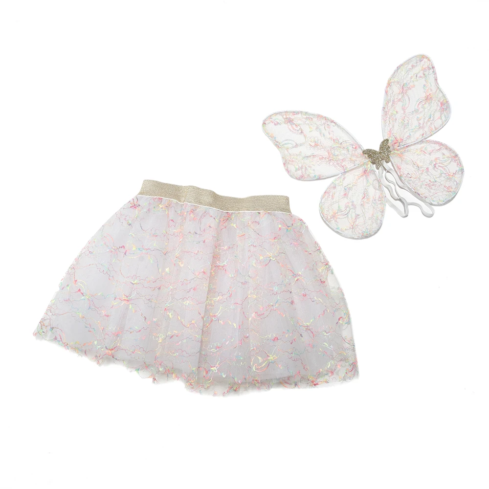 White gauze princess dress with colorful dream pattern + Colorful Dream Fairy butterfly wings tutu set for girls party