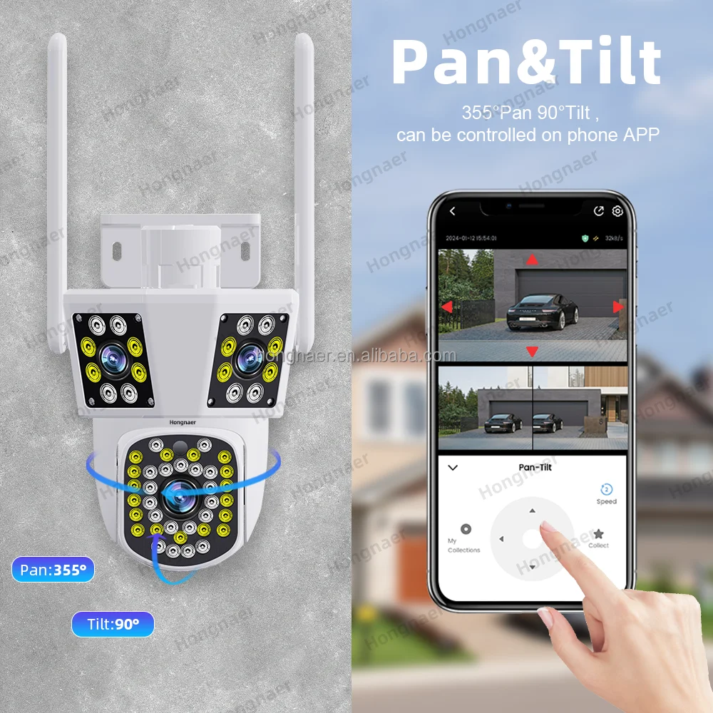 Hongnaer 12MP 3 Video Smart Outdoor Wireless PTZ Surveil IP Camera 6K IPC360 Home WiFi Three Lenses Network CCTV Security Camera