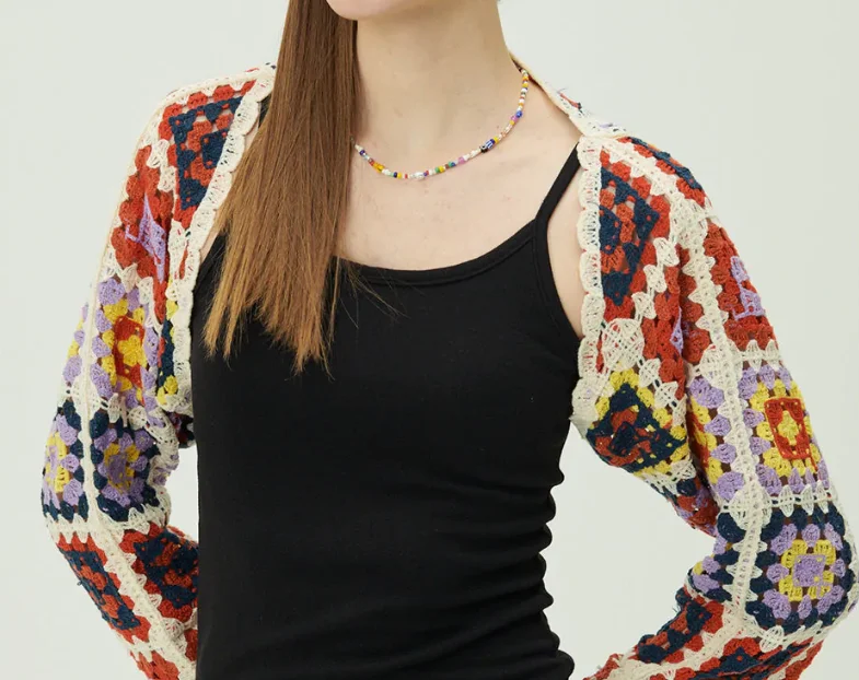 2022 New Design Custom Hand Hook Open Front Crochet Women Short Style Sexy Joy Granny Square Shrug Cardigan