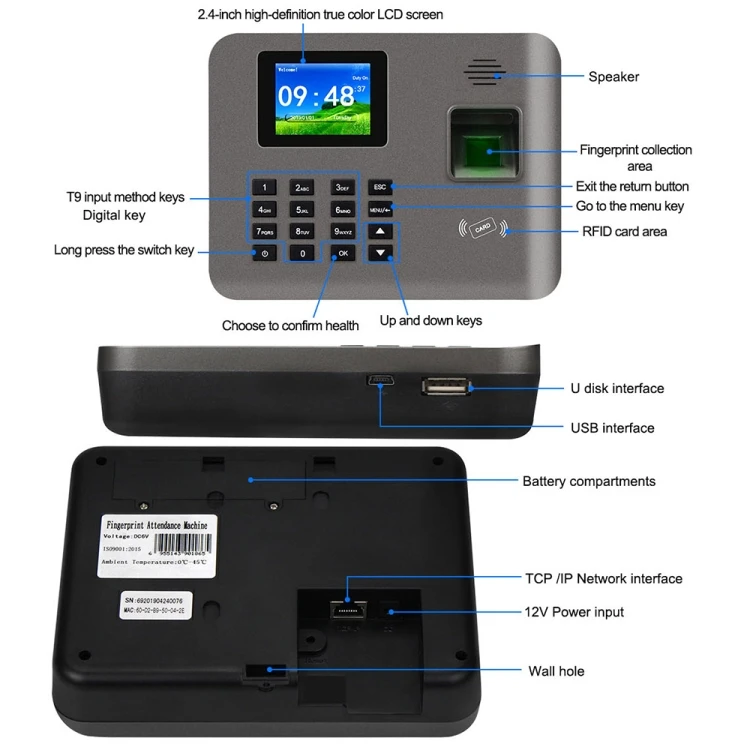 Realand AL325D Fingerprint Time Attendance with 2.4 inch Color Screen ID Card Function WiFi Battery