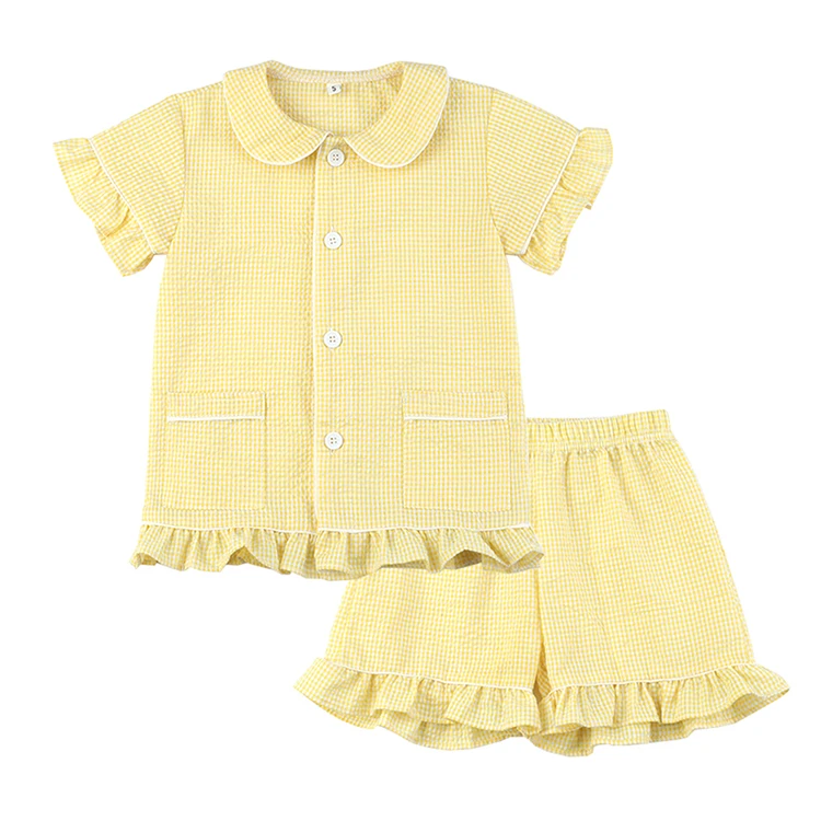Children Girls Custom Design Ruffle Collar Shirts and Pants Set Kids Gingham Cotton Vintage Home Sleep Wear