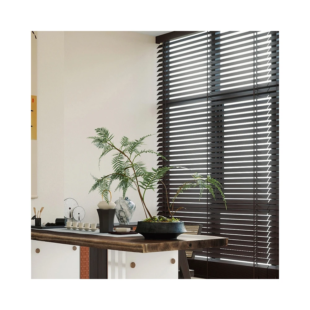 New Arrival Window Blinds Manual Roller Blinds 2 Inch Wide Slat Corded Black Wood Venetian Blinds