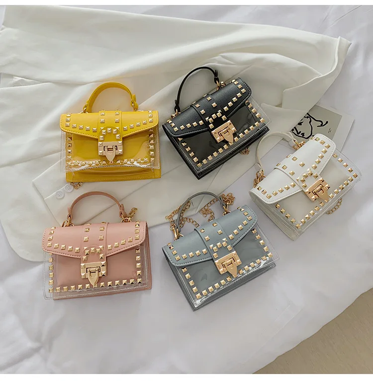 2023 Transparent sling bag wholesales rivet small square bags for women chain ladies shoulder hand bags candy color jelly purse
