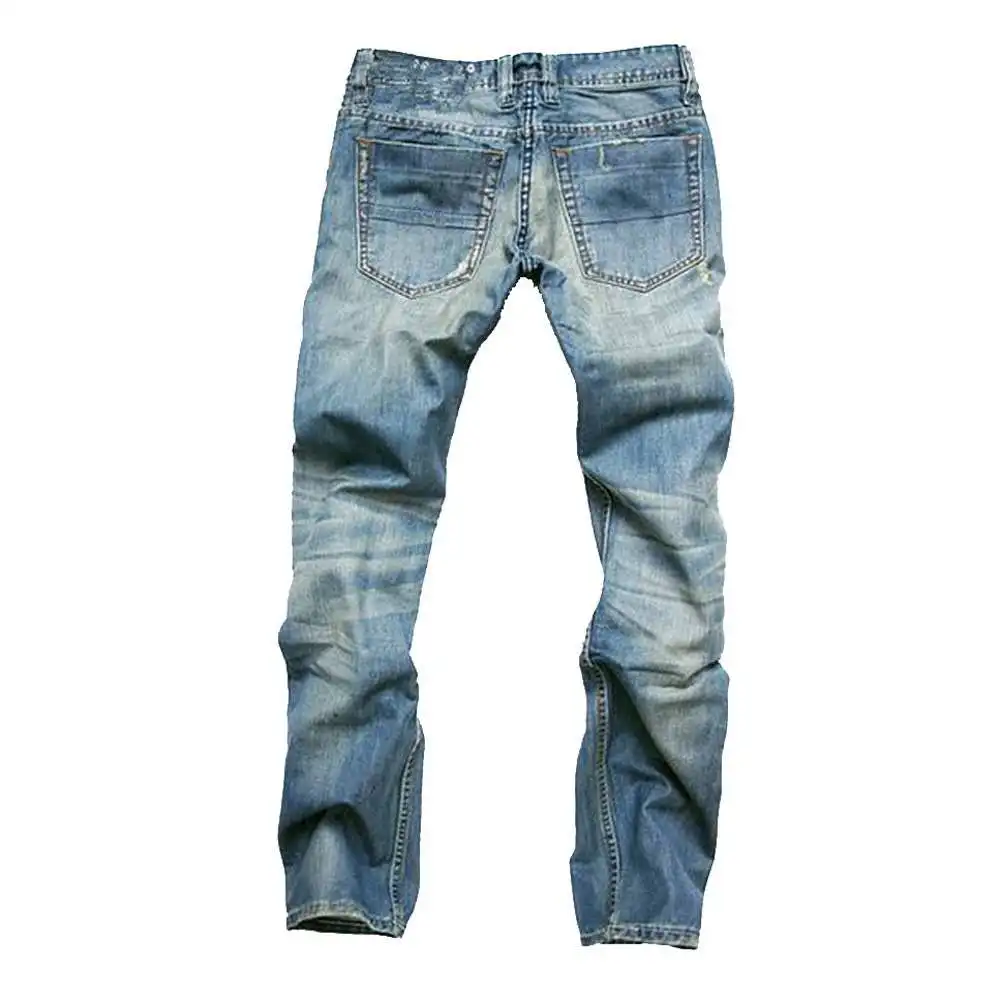 2021 New Fashion Vintage Blue Wash Denim Leopard Distressed Straight Fit Jeans Casual Trousers Mens
