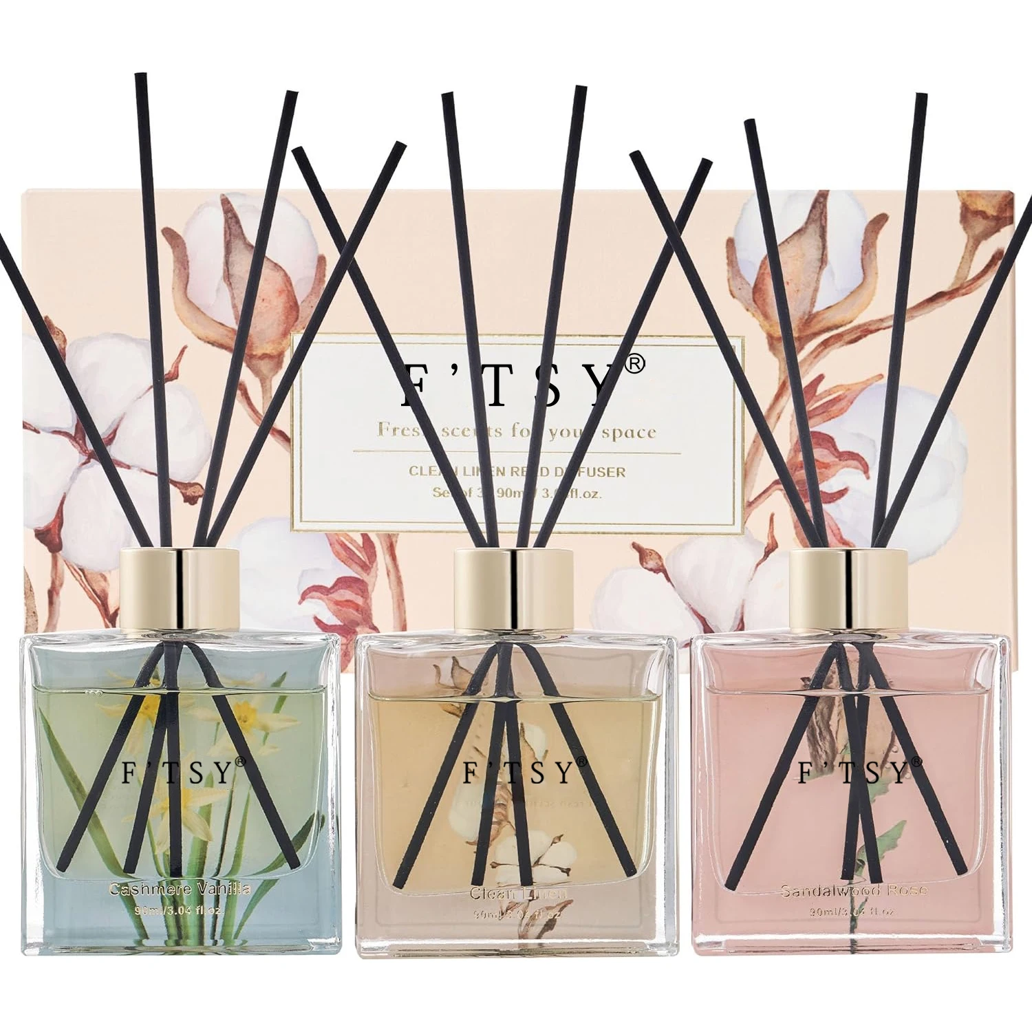 Luxury Custom Logo 3Pcs Natural True Scent Reed Diffuser Set  With 24 Sticks