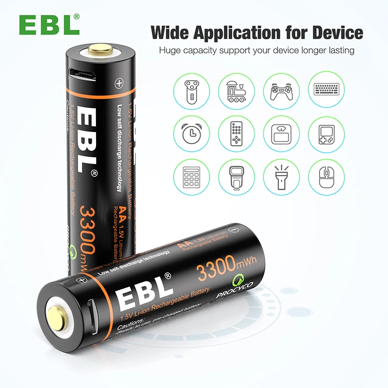 4 Pack Quick Charging EBL USB Rechargeable AA Batteries 1.5V Lithium Batteries AA 3300mWh With Micro USB Cable