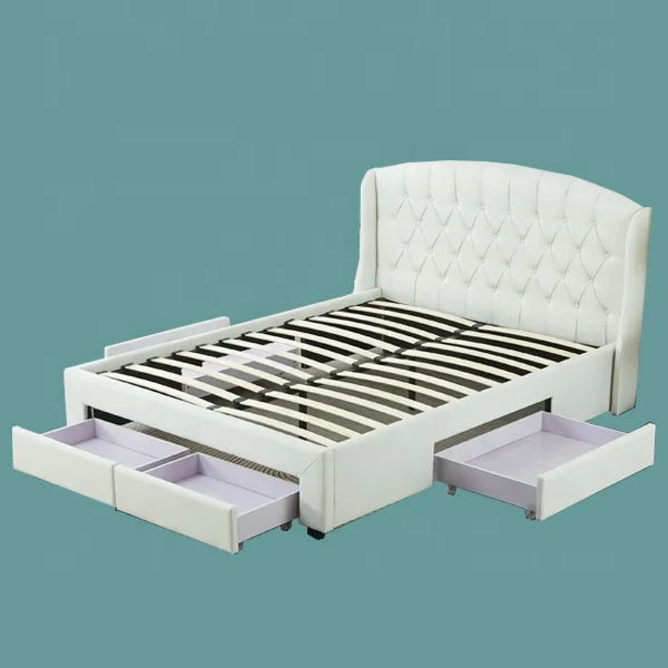 Solid and Comfortable Bed Base white color winged buttons headboard velvet fabric upholstered  bed  with 4 storage Drawers