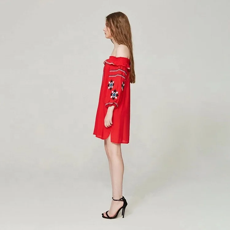 National Style Women Embroidered Casual Scoopneck Elastic Ruffles Collar Dress For Girls