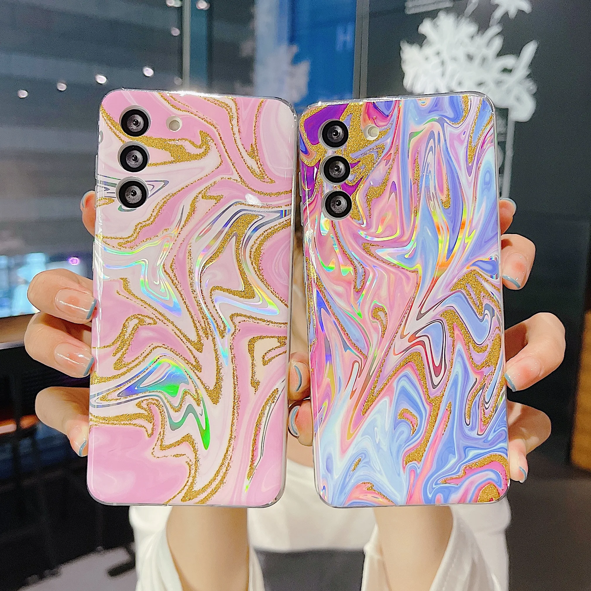 Laser glitter watercolor pattern anti-drop mobile phone protective case for samsung A32 A52 A12 S21