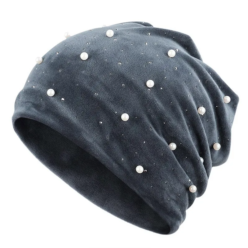 Fashion Velvet winter daily Life plain beanie hat with pearl for girls