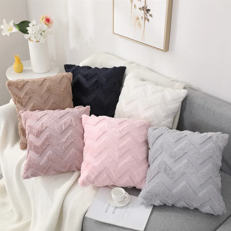 Home Decor Nordic Style White Striped Geometric Pattern Floor Seat Fur  Tufted Square Cushion Cover 45*45 Cm