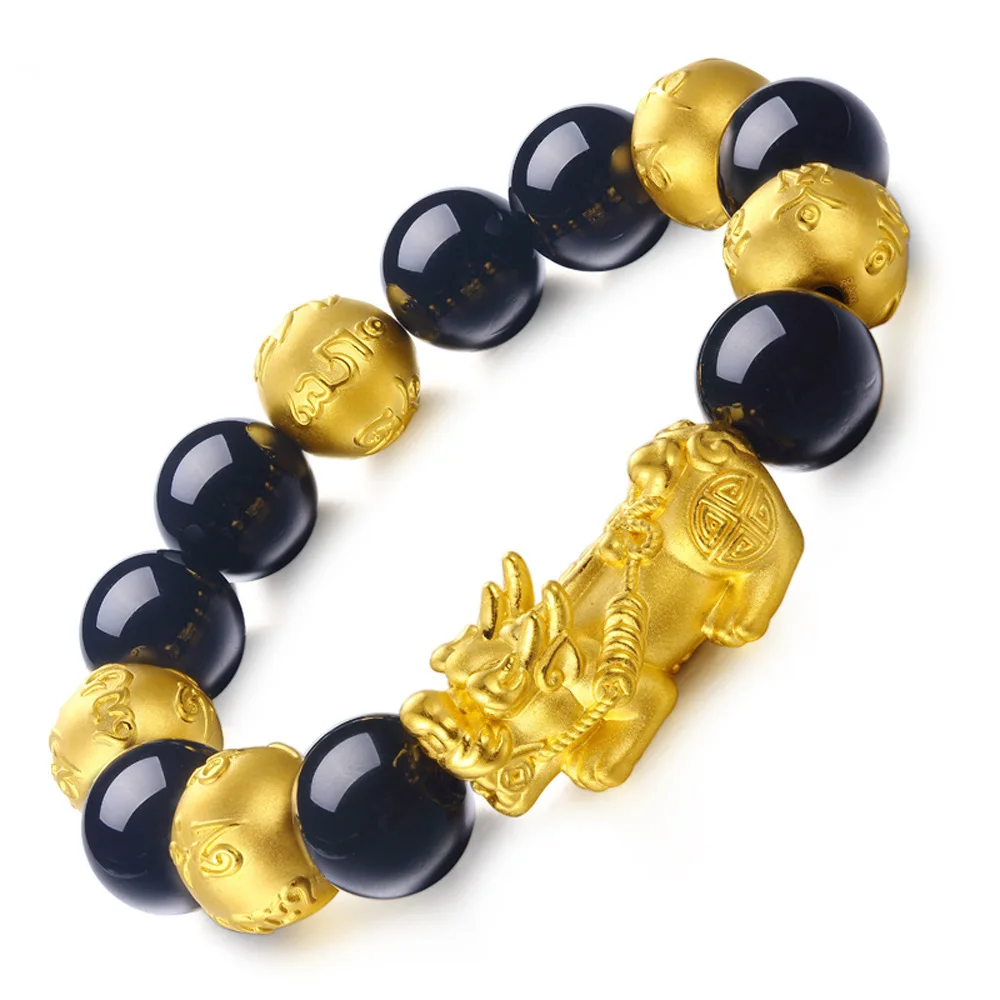 
Fashion Feng Shui Obsidian Stone Beads Bracelet Unisex Wristband Gold Black Pixiu Wealth And Good Luck Women Bracelet 