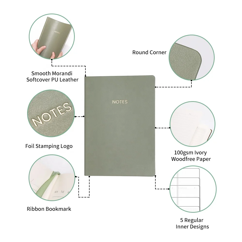 Free Sample Morandi PU Leather Soft Cover A5 Plain Grid Blank Notebook Dotted