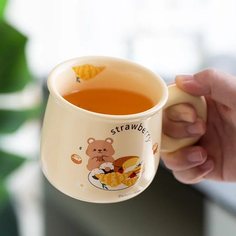 Cute Morning Coffee Mug 395ml/14oz Kawaii Bear Pattern Household Ceramics Latte Milk Tea Cup for Boys Girls Kids  Home Family