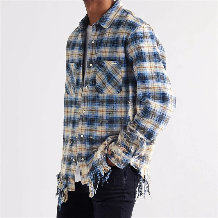 Blue Plaid Tassel Type Big Mens Checked Shirt Thick Fabric Unisex Fashion Chic Mens Plaid Flannel Shirt