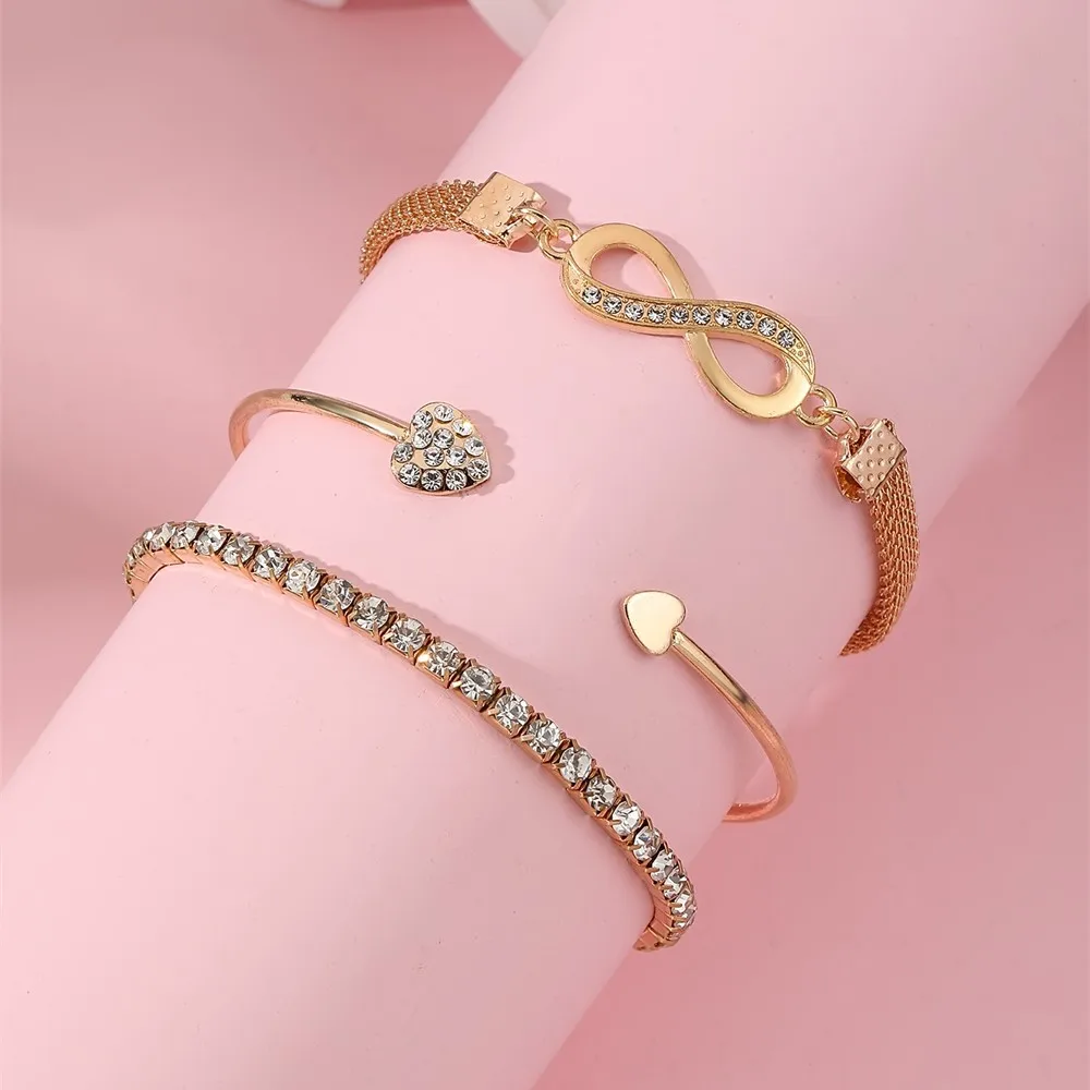 Women Fashion Jewelry Crystal Peach Heart Open Charm Bangle Girls Bracelet Set Multilayer Full Diamond Heart Bracelet