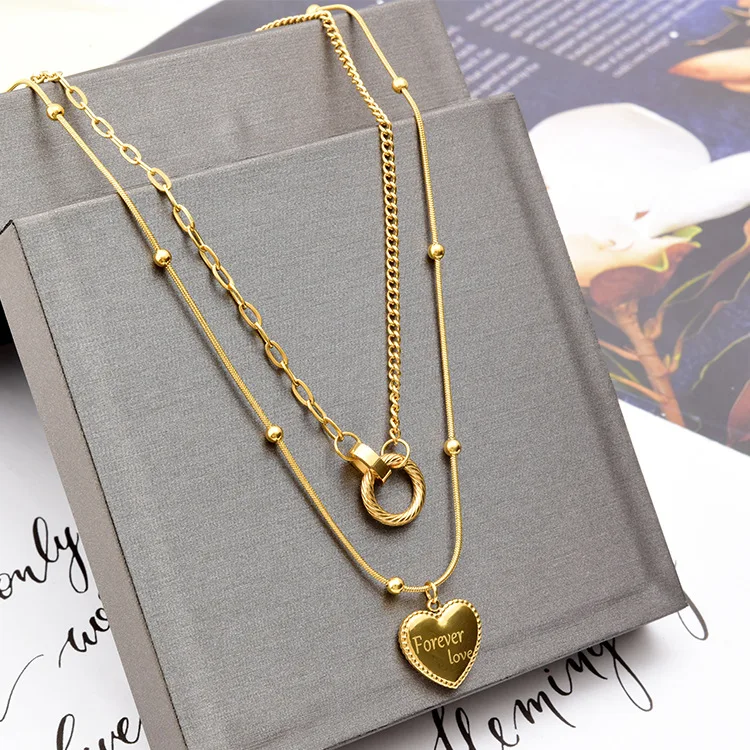 Stainless Steel Forever Love Letter Heart Stackable Double Layer Hollow Round Circle Pendant Necklace