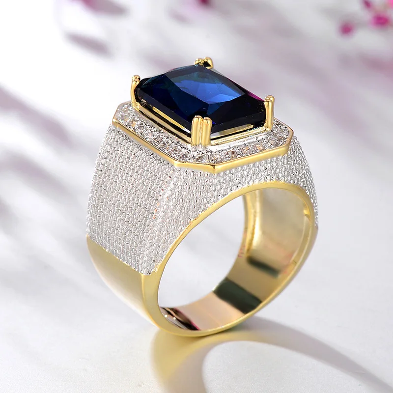 CAOSHI Zircon Crystal Rectangle Mens Ring Blue Black Large Wedding Male Wide Gold Punk Men Finger Rings Hip Hop