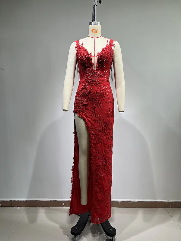 A8678 Latest Fashion Style Suspenders Red Lace Evening Dresses Sleeveless High Split Party Dresses Women Maix Dress