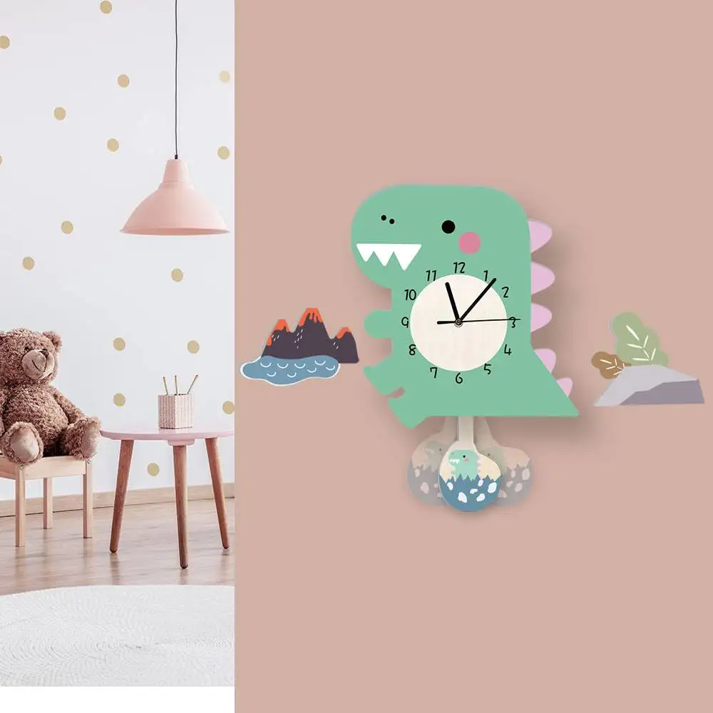 Funlife UWC014 Cartoon Wooden Wall Clock Non-Ticking Silent Animal Clock Green Dinosaur Wall Clock