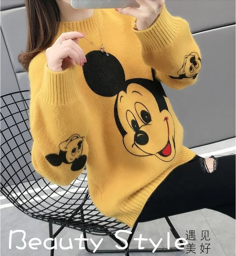 Turtleneck sweater women 2021 autumn and winter new fashion high neck cartoon embroidery loose wild long-sleeved sweater women