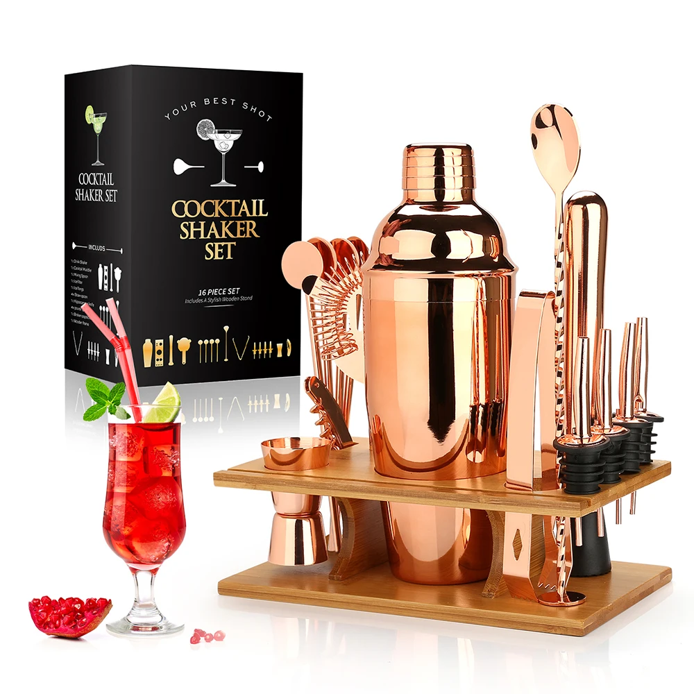 Promotional Stainless Steel Bar Tool Set Home DIY Kit Rose Gold Electroplated Cocktail Shaker Making Set