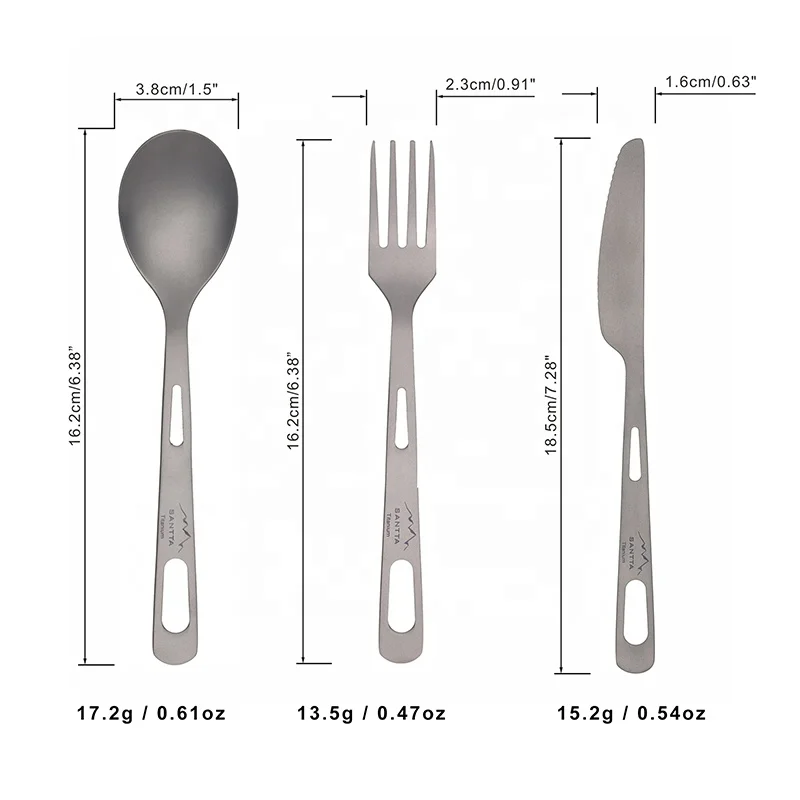 SANTTA Pure Titanium Camping Cutlery Knife Fork Spoon Set with Storage Pouch and Carabiner Clip
