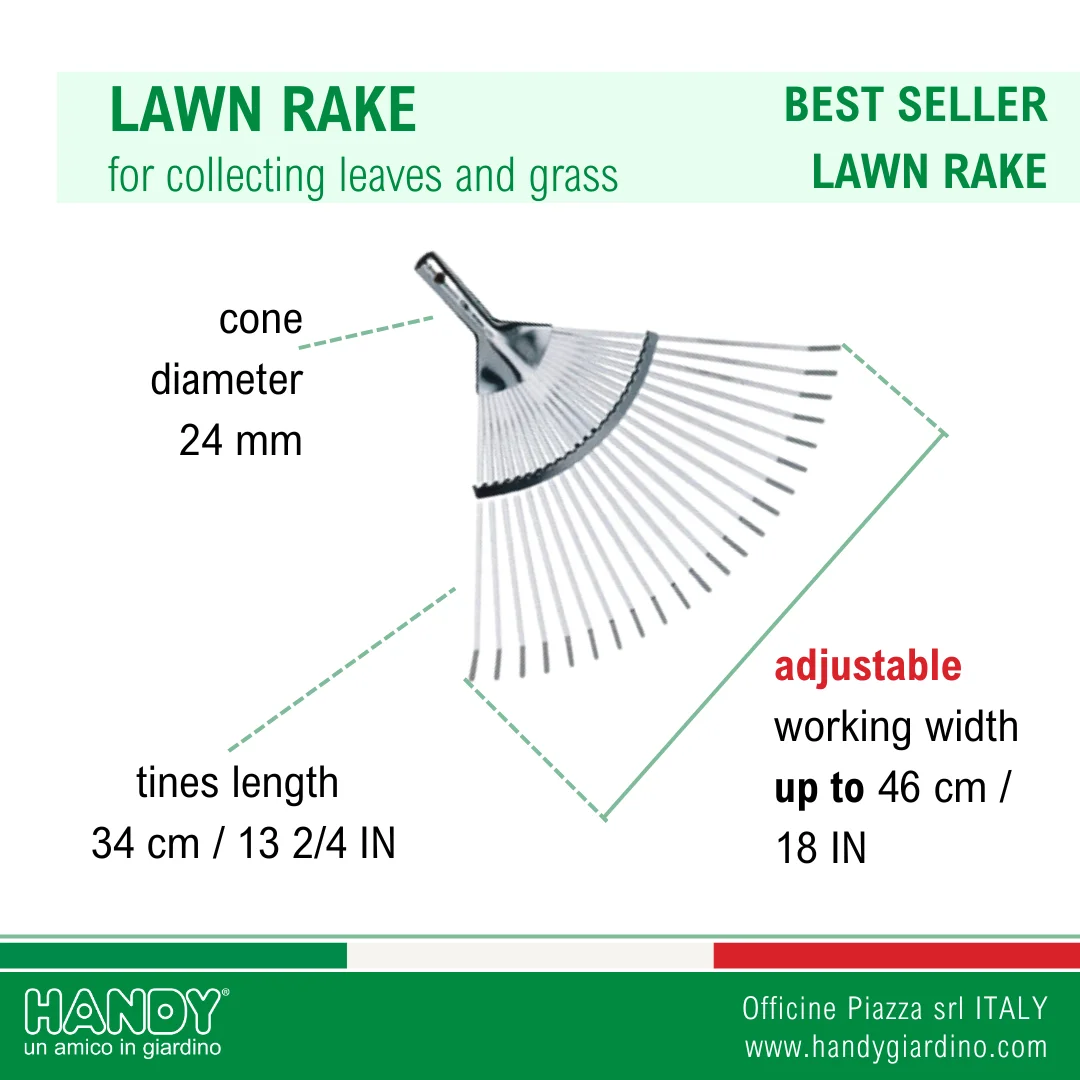 Italian Manufactured Galvanized Steel Lawn Rake 22 Tines Superior Quality Gardening Cleaning Wood Handle Long Landscaping