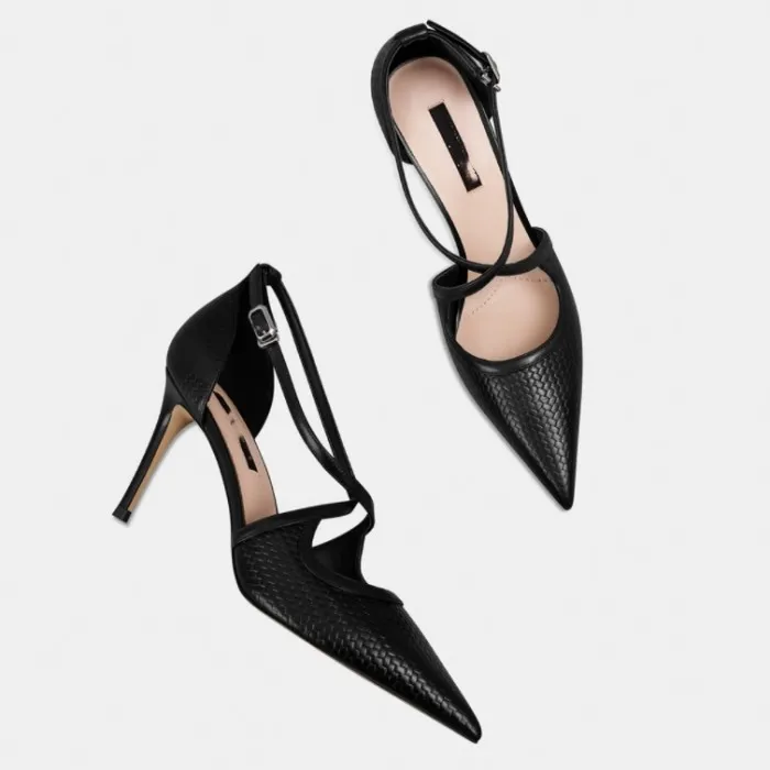 Handmade Women Genuine Leather Thin High Heel Cross Strap Pumps Elegant Office Ladies Dress Pumps Shoes