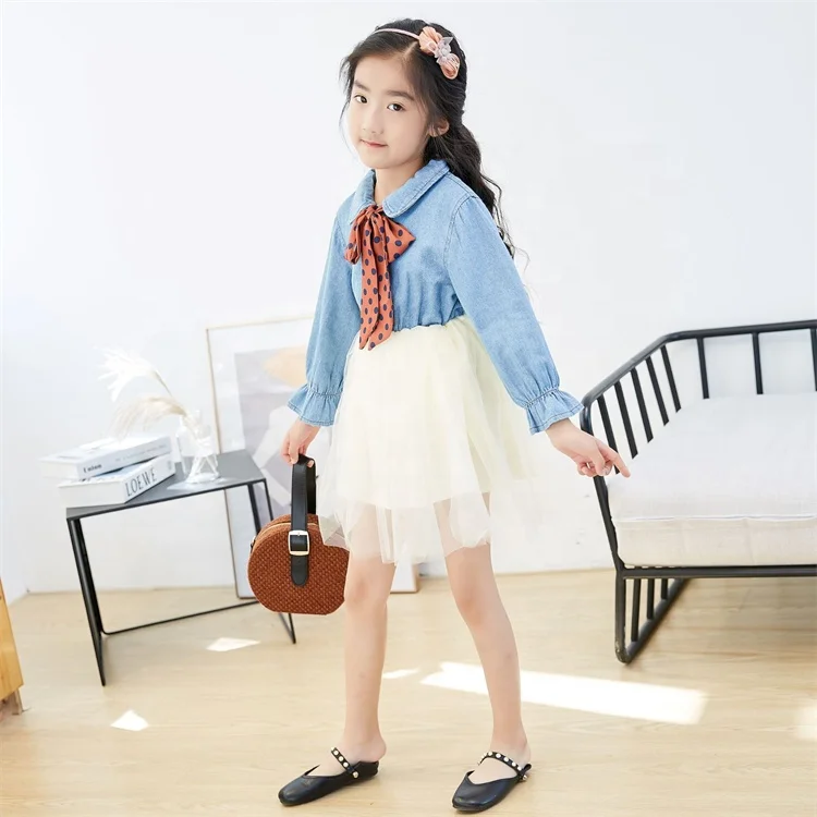 Toddler Girls White Gauze Dress Spring Princess Tutu Dress with Polka Dot Belt Long Sleeve Denim Dress With Mesh For Kids