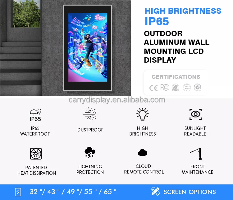 32 43 49 55 65 Inch Gas Station LCD Outdoor Monitor Display Wall Mount Sign IP65 Advertising Display Digital Signage