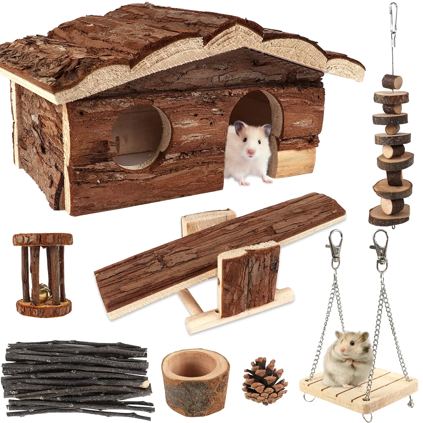 Natural Wooden Hideout Hamster Chew Toys With Wooden House Miniature Hamster Portable House Wooden