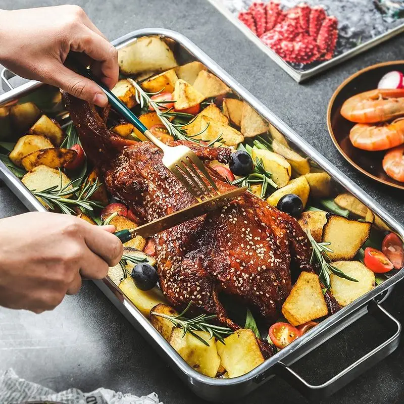 Non-stick  Double Handle Tri-ply clad Stainless steel Baking Turkey Pans Kitchen Oven Roasting Pan Baking Dishes