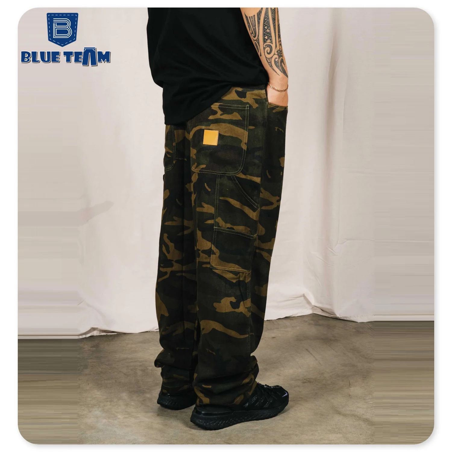 Blue Team | Custom denim jeans manufacture heavy cargo jeans with pocket baggy cargo camo pants work carpenter pants for men