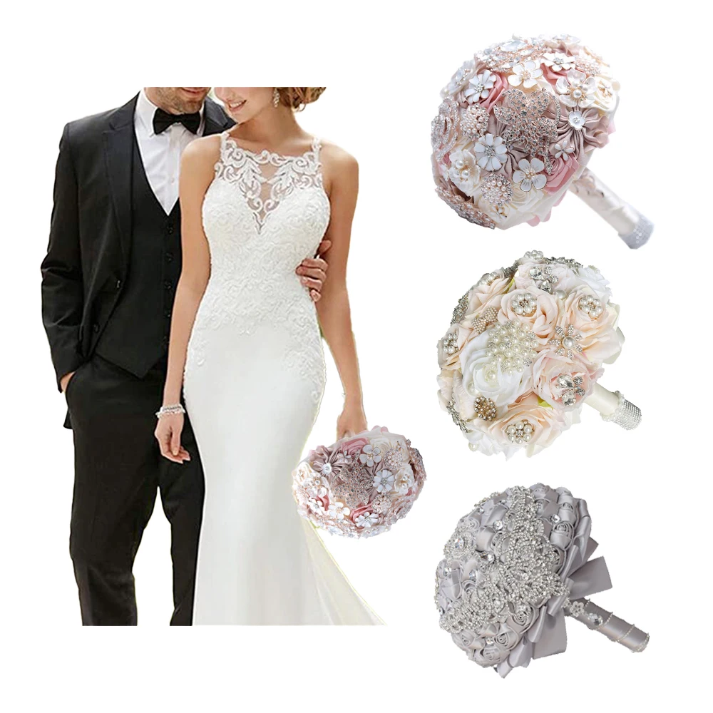 Wholesale Satin Roses Artificial Flowers Bouquet Handmade Diamond Pearl Bride Wedding Flower Bouquet