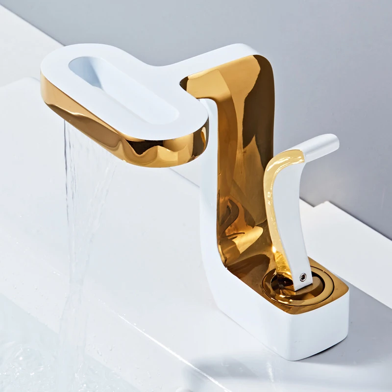 New design cold basin faucet waterfall white single handle Mixer Tap gold tabletop wash basin bathroom sink hotel basin tap