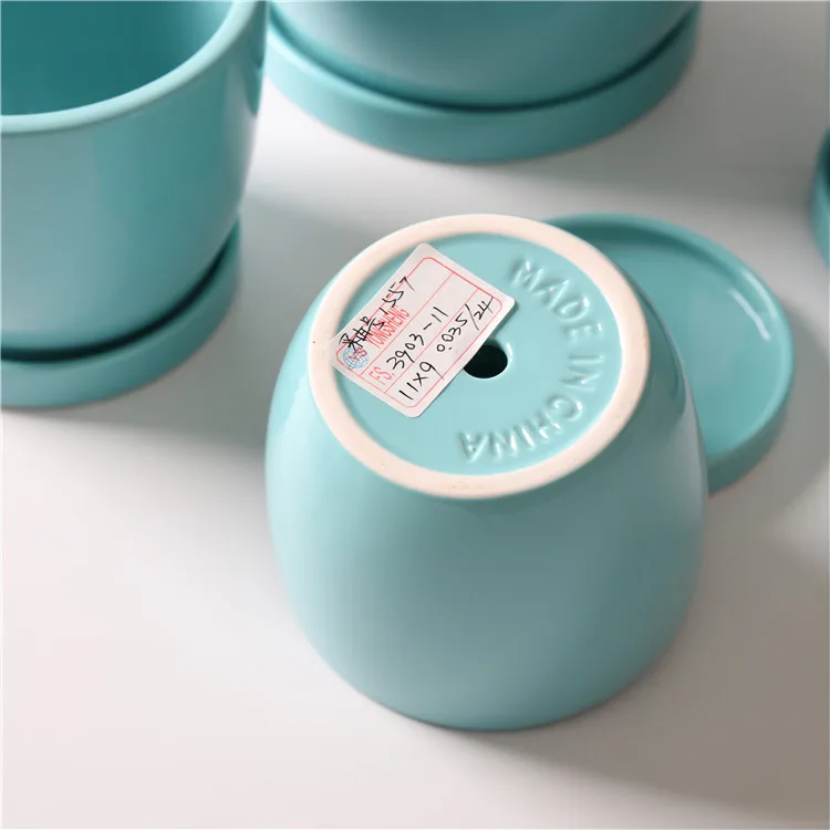 Customized logo solid color balcony decorative home decoration pieces ceramic flower pots with tray