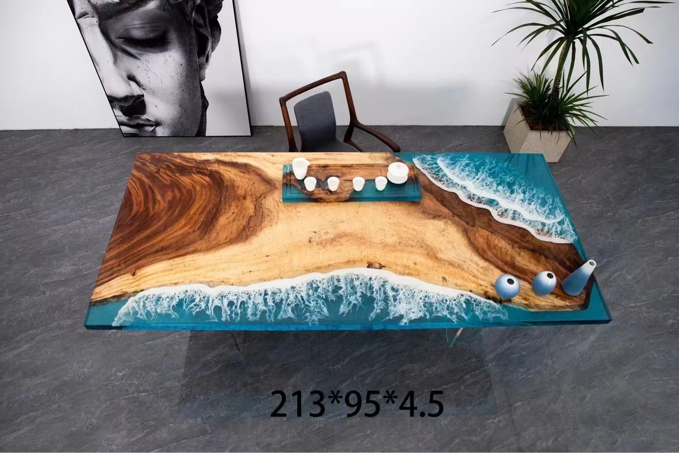 Luxury Solidwood Revier Resin Design  Customized Dining Table Solid Walnut Wood Ocean Epoxy Resin Coffee Table