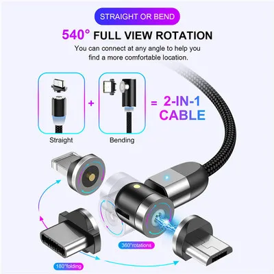 Wholesale 3 In 1 540 Full View Rotation Type C Fast Charging Magnetic Usb Data Charger Cable