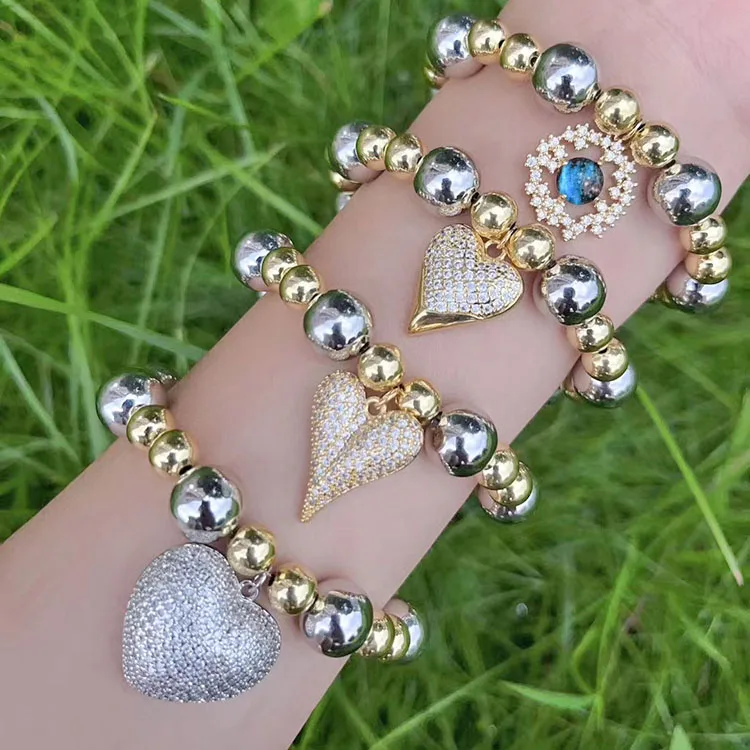 BC1550 Chic Gold and Silver Alternate Beads Beaded Bracelets with Big Chunky Starfish CZ Pave Puffy Heart Charms for Women
