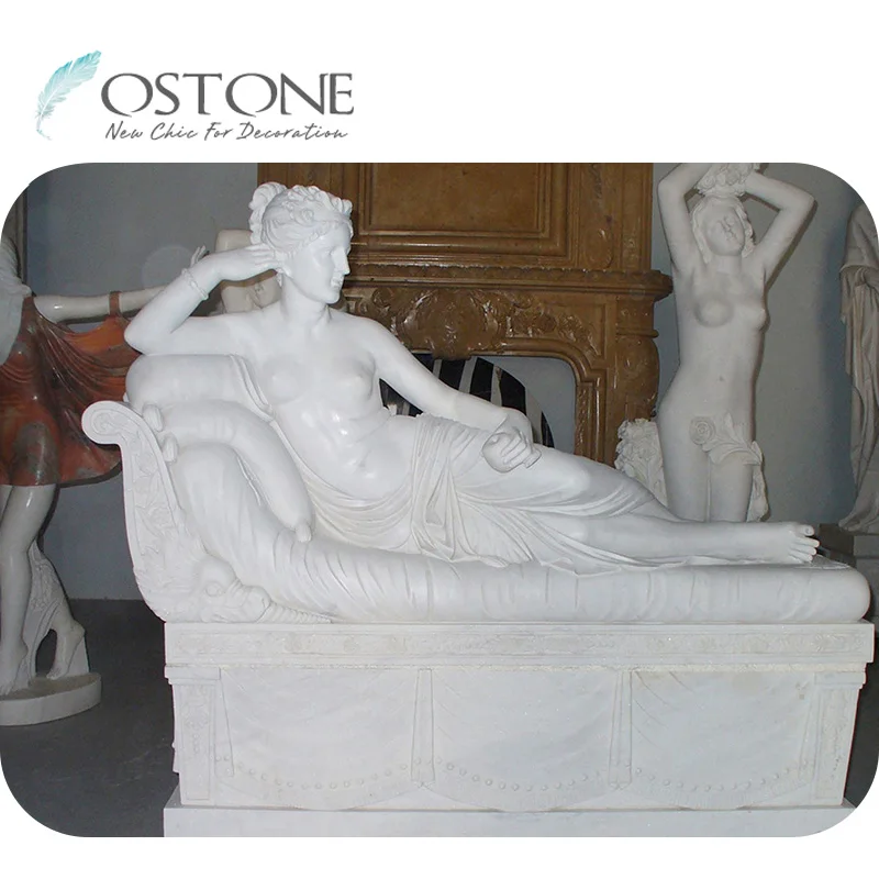 Classic Garden Lying Bed Woman Figure Carving Nude Marble Statue